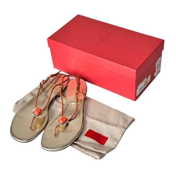 VTG Valentino Gold Thong Flat Sandals Sz.10 Coral Rhinestones Boho Designer - Picture 2 of 16